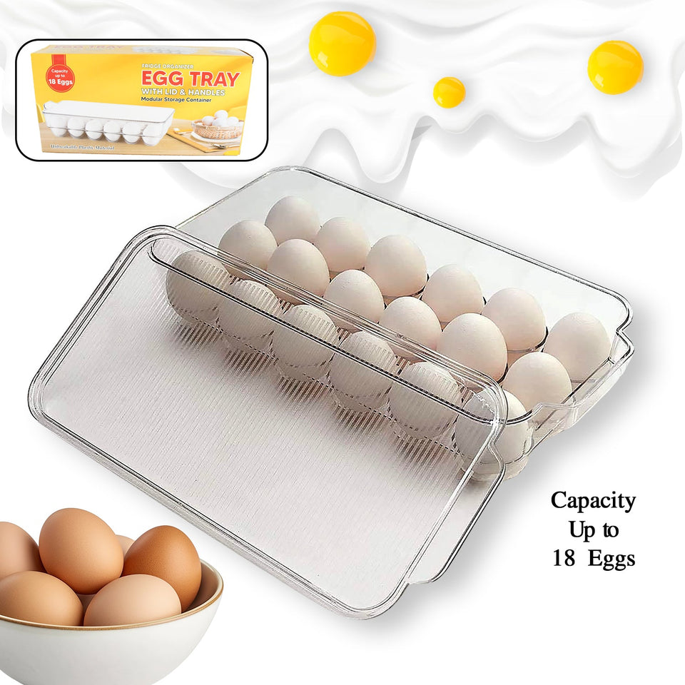 Plastic 18 Cavity Egg Storage Box Or Egg Trays For Refrigerator With Lid & Handles High Quality, Rectangular Egg Tray Box For 18 Egg (1 Pc)