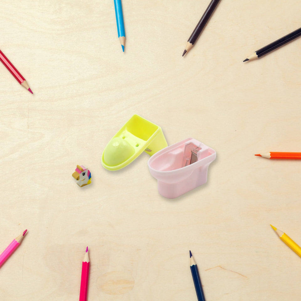 Pencil sharpener shaped like a toilet, with an eraser, 2-pack