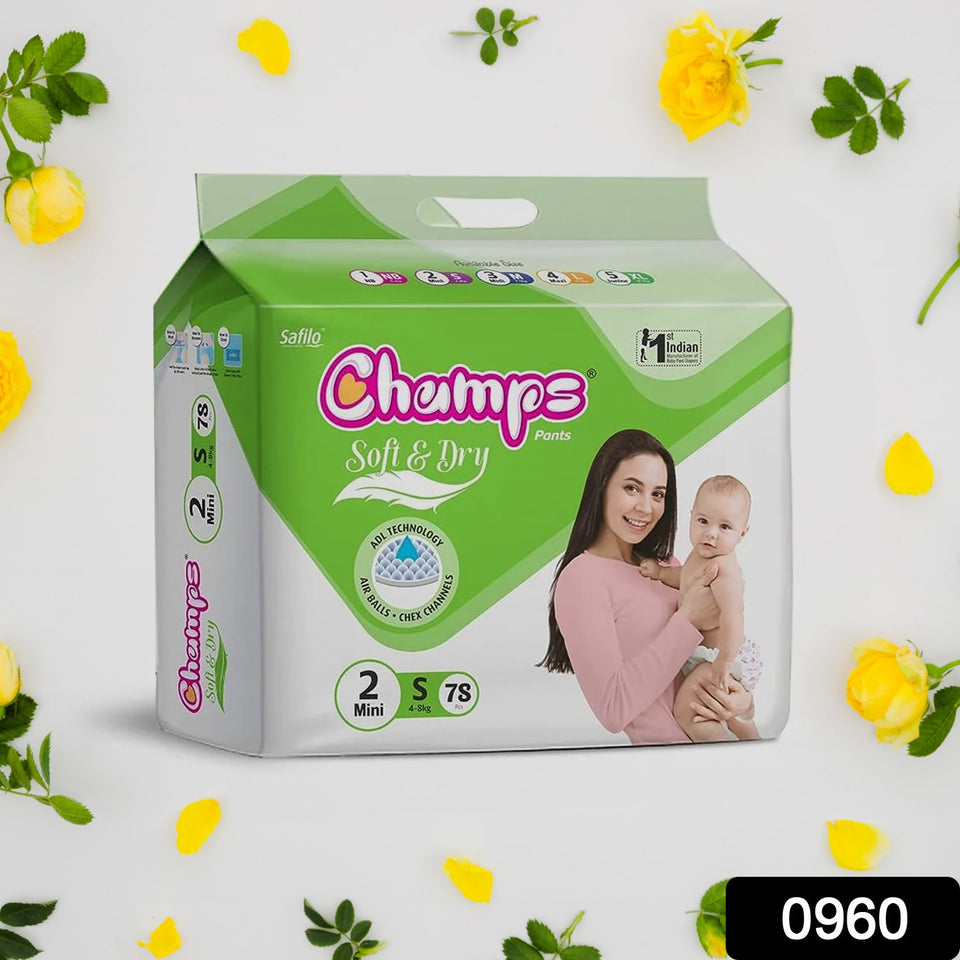 0960 Champs Soft and Dry Baby Diaper Pants  78 Pcs (Small Size  S78)