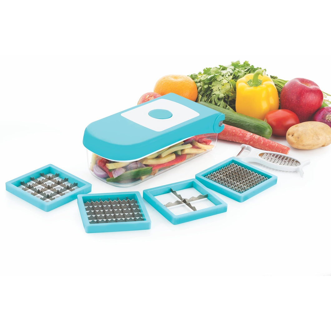 Ganesh 7-in-1 plastic vegetable dicer in blue, shown from different angles.