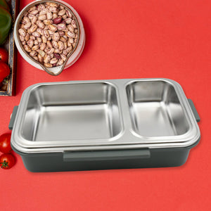 5583 Miracle Quick Lock Leak Proof 2 Compartment Stainless Steel LUNCH BOX Inner Plate Reusable Microwave Freezer Safe Lunch Box Trendy Thermal Insulation Leak Proof for Office Vacuum Tiffin Box for Boys / Girls / School / Office Women and Men 