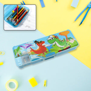 Multipurpose Compass Box, Plastic Double Deck Pencil Case with 2 Compartments, Supplies Utility Box Storage Organizer, Pencil Box for School, Cartoon Printed Pencil Case for Kids, Birthday Gift for Girls & Boys (1 Pc Mix Design)