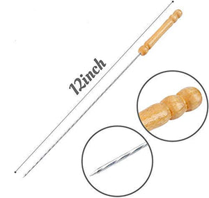 Pack of 12 barbecue skewers with ergonomic handles.