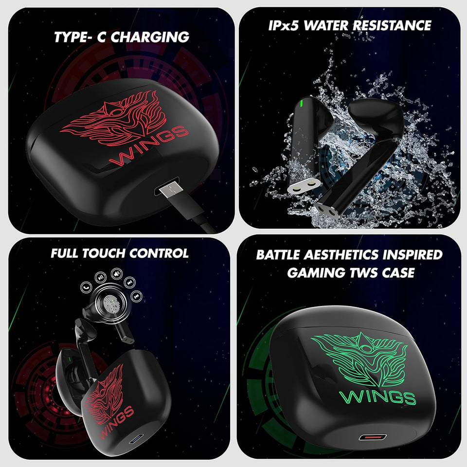 Wings Newly Launched Phantom 100 Gaming TWS Earbuds with 13 mm HD BASS Drivers, ENC Clarity, 40 Hours Playtime, 40ms Low Latency, 5.1 Bluetooth, USB T Tota