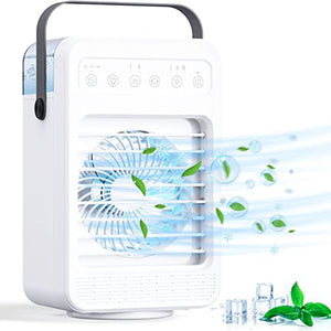 Portable air cooler fan on desk
