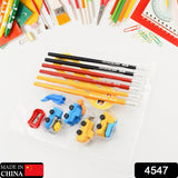 Construction truck stationery set for kids, pencils and erasers