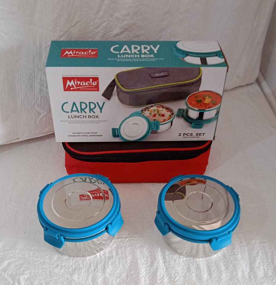 5588 Miracle Carry Lunch Box Microwave Safe Lunch Box With Insulated Bag 2 Compartment Lunch Box (400 ML / 2 pc)